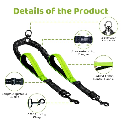 Double Dog Leash - No Tangle Splitter for Two Dogs, Coupler with Adjustable Long Lead Rope, Dual Control Handles, Retractable No Pull Bungee, Walk Train Small Medium Large 2 Pets (Green) - color: Green