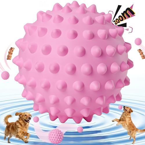 3.5" Durable Squeaky Dog Ball Toy for Puppy Medium Large Dogs(25-80 lbs): Bacon Flavored Pink Spiky Rubber Bouncing Floating Balls for Dogs, Tough Large Outdoor Dog Water Fetch Toys, Dog Gifts - color: Party Pink