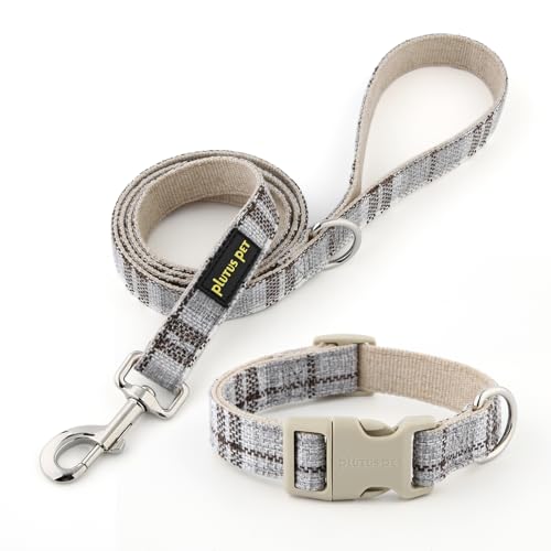 Plutus Pet Cotton Hemp Dog Collar and Leash Set, Adjustable Collar for Small, Medium, and Large Dogs, Heavy Duty and Soft on Skin, Gray Plaid, S - color: Grey Plaid, size: Small