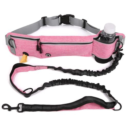 Lightweight Hands Free Dog Walking Waist Belt Leash with Storage Pouch, Featuring Dual Handles and Heavy-Duty Durable Bungee—Perfect for Outdoor Hiking and Running (Pink) - color: Pink