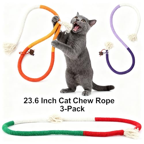 Cat Chew Rope Durable Safe : 3Pcs Natural Organic Cotton Kitten Teething Toy for Indoor Cats, Catnip-Infused Chew Toys for Interactive Boredom Relief & Teeth Cleaning