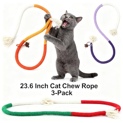 Cat Chew Rope Durable Safe : 3Pcs Natural Organic Cotton Kitten Teething Toy for Indoor Cats, Catnip-Infused Chew Toys for Interactive Boredom Relief & Teeth Cleaning