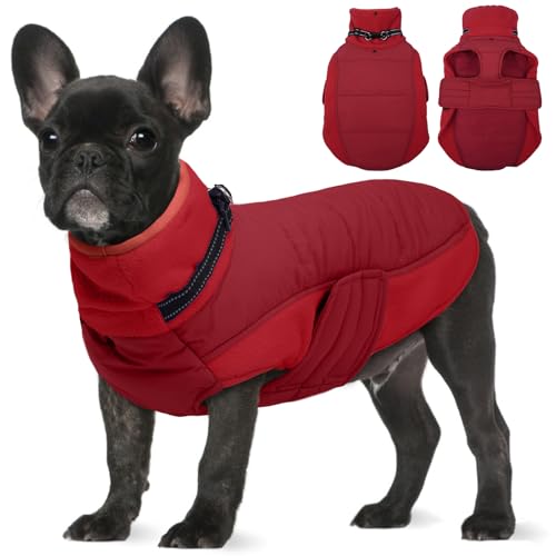 BRKURLEG Dog Winter Coat with Harness Built in, Warm Jacket for Small Medium and Large Dogs, Windproof Turtleneck Fleece Dogs Snowsuit with Hook & Loop, Reflective Christmas Dog Jacket, Red M - color: Red, size: Medium