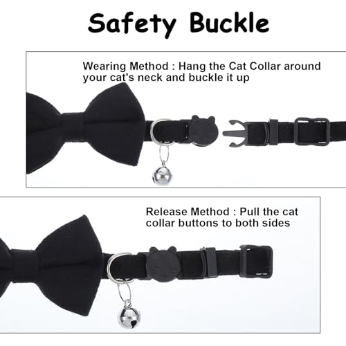 Cat Collar Breakaway Cat Bow Tie Adjustable from 7 to 11 Inches Soft Velvet Bowtie Cat Collar with Bell for Kitten Puppy Cats Wedding Costumes (Black) - color: Black