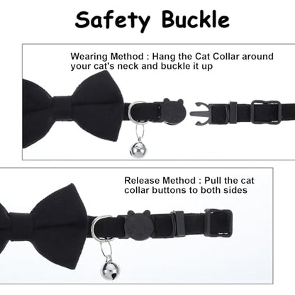 Cat Collar Breakaway Cat Bow Tie Adjustable from 7 to 11 Inches Soft Velvet Bowtie Cat Collar with Bell for Kitten Puppy Cats Wedding Costumes (Black) - color: Black