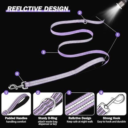 Hikiko Double Handle Traffic Dog Leash Reflective Training Walking Lead for Medium and Large Dogs (Lavender,4FT) - color: Lavender, size: 1 in x 4 ft