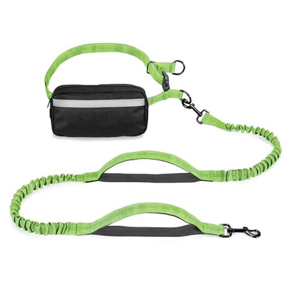 Squirrel Products Hands Free Dog Leash with Hip Belt/Crossbody Strap, Zipper Pouch, and Shock Absorbing Bungee for Walking or Jogging with pet (Green, Black) - color: Green and Black