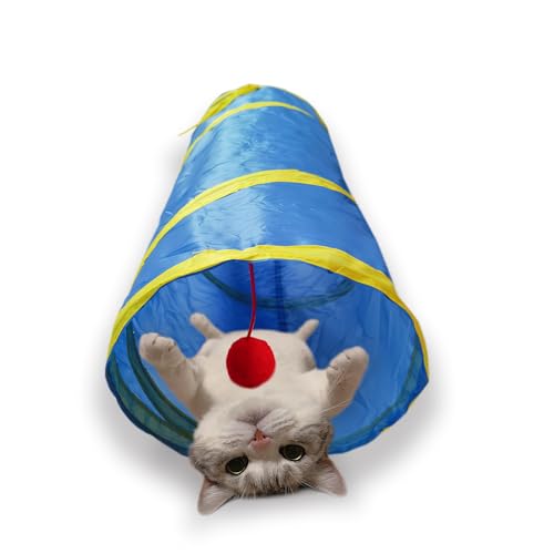 Cat Tunnel Tube Toys，Tunnels for Indoor Cats, 2 Way Collapsible Interactive Toy with Balls for Rabbits, Kittens, Ferrets, Puppy - color: 2 Way Blue Yellow