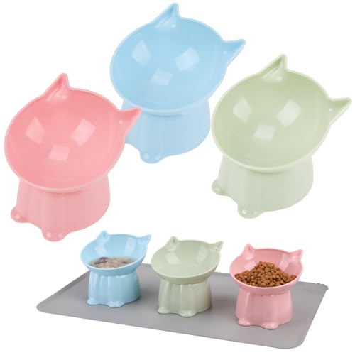 3 Pcs Elevated Cat Bowls 15°Raised Cat Food Bowl with Silicone Mat Whisker Friendly Anti Vomiting Cats Dishes Pet Food and Water Bowls for Indoor Cats Kittens - color: Fashion
