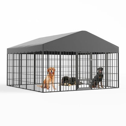 Kullavik 10x10x6 FT Large Outdoor Dog Kennel,Anti-Rust Galvanized Steel Dog Pen with Feeding Door & Double Locks,Heavy Duty Dog Enclosure Fence with UV-Resistant Waterproof Cover for Outside - size: 117"L x 119"W x 75"H