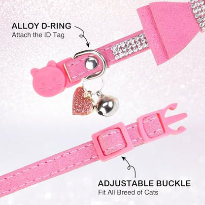 Rhinestone Cat Collar with Bow, Breakaway Elegant Female Diamond Cat Collars with Bell, Pink Leather Sparkly Bowtie Pet Collar for Girl Boy Small Kitten Puppy with Safety Buckle, 8-12" - color: Butterfly Pink, size: 8"-12" Cats / Mini Dogs