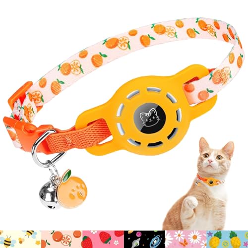 BINGPET AirTag Cat Collar with Bells, Upgraded Safety Elastic Cat Collar with Airtag Cat Collar Holder, Anti-Lost Cat Collars for Girl Boy Cats, Anti-Suffocation Kitty Puppy Collars - color: Orange