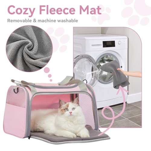 Airline Approved Cat Carrier 17.5×10.5×10.5 in, Escape-Proof Design with Locking Zippers & Safety Leash, Easy-Access 3-Way Entry, Washable Mat, Gift-Ready Holiday Choice for Cats up to 12 lb - color: Pink, size: Medium