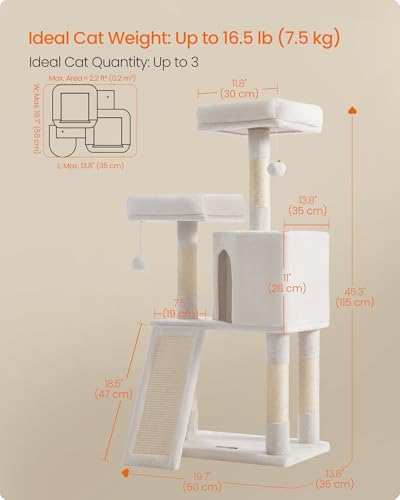 Feandrea Cat Tree, 45.3-Inch Cat Tower, Plush Condo with Scratching Post, Ramp, Perch, Spacious Cave, for Small Space, Cream White UPCT141W02 - color: Cream White