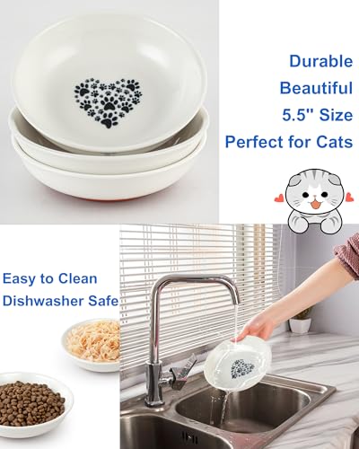 Ceramic Cat Bowl Whisker Friendly – 3 Pack Shallow Wide Cat Food Bowls, 5.5″ Non‑Slip Cats Dishes Silicone Base, Dishwasher & Microwave Safe, Indoor Cats Food & Water Bowl – Cute Heart Paw Design - color: 3 Packs