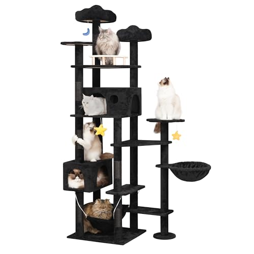 Meecal 79inch Giant Cat Tree for Heavy Duty Big Cats, Multi-Level Luxury Cat Tower with Scratching Post, Cat Condo with Hammocks & Plush Perches for Indoor Cats Large Adult, Black - color: Black