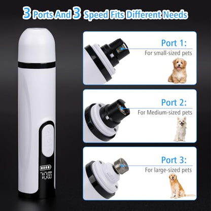 Pet Nail Grinder for Dogs and Cats - Super Quiet and Low Vibration Electric Dog Nail Grinder with 2 LED Lights - USB Rechargeable and Cordless - 3 Speeds - Small to Large Pets (White)