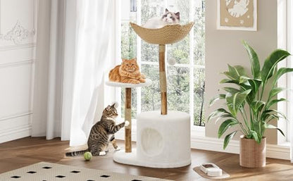 Modern Cat Tree Tower, Natural Solid Wood & Rattan Design with Woven Basket & Condo, Multi-Level Cat Activity Center for Indoor Cats, Aesthetic Pet Furniture - size: Small