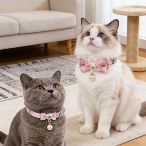 Xinjoduz 2 Pack Pink Cotton Cat Collars for Girl Cats, Cute Pearl Bow Kitten Collar Breakaway Safety Buckle Cats Pet Collars Adjustable from 7.9 to 11.8 Inches