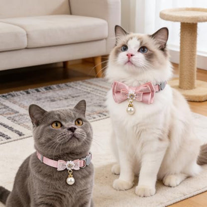 Xinjoduz 2 Pack Pink Cotton Cat Collars for Girl Cats, Cute Pearl Bow Kitten Collar Breakaway Safety Buckle Cats Pet Collars Adjustable from 7.9 to 11.8 Inches