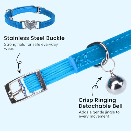 BINGPET Diamond Cat Collar,Adjustable Soft Velvet Leather Safe Kitten Collar with Crystal Heart Charm and Bells,Girl Boy Bling Stylish Cat Collars with Safety Elastic (Blue, Neck Girth 8"-10") - color: Blue(Heart), size: Neck Girth 8"-10"