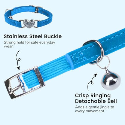 BINGPET Diamond Cat Collar,Adjustable Soft Velvet Leather Safe Kitten Collar with Crystal Heart Charm and Bells,Girl Boy Bling Stylish Cat Collars with Safety Elastic (Blue, Neck Girth 8"-10") - color: Blue(Heart), size: Neck Girth 8"-10"