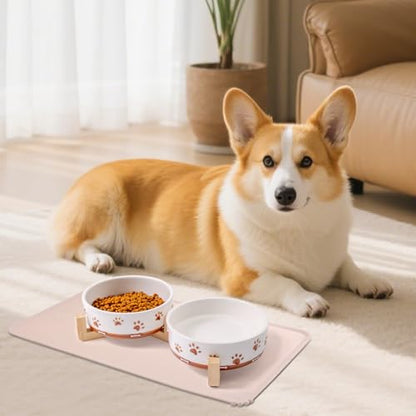Dog Bowls with Wood Stand, 1.7 Cups Ceramic Puppy Bowls with Mat for Small Dog Weighted Water and Food Bowl Set for Dogs Cats, Non-Slip Pet Feeding Dish 13.5 Oz - size: 1.7 Cups