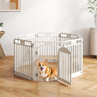 Giantex 8 Panel Dog Playpen, 32'' Tall Plastic Pet Fence with Lockable Door, Indoor Outdoor Portable Dog Exercise Pen for Medium Dogs, Configurable into Square, Rectangle or House-Shaped Layout