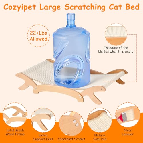 Elevated Cat Bed with Sisal Hammock for Cats, Large Sisal Scratcher Bed for Indoor Cats, Solid Beech Wood Frame up to 22Lbs (26.3" Lx16.1 Dx4.7 H)