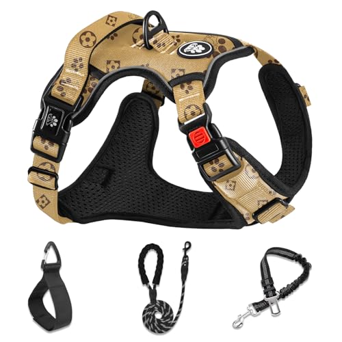 No Pull Dog Harness,Adjustable Oxford Dog Vest Harness with Leash,Reflective No-Choke Pet Harness with Easy Control Soft Handle for Small Dogs(Small,Light Brown) - color: Light Brown, size: 【S】neck 11-15" chest 15-21"