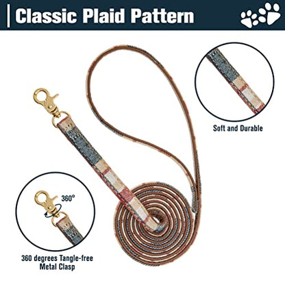 EXPAWLORER Puppy Collar and Leash Set - Plaid Dog Collar and Leash with Bow Tie and Bandana, Bell, Khaki - color: Khaki, size: Small