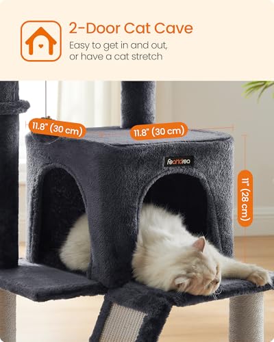 Feandrea Cat Tree, 37.8-Inch Cat Tower, Multi-Level Condo with Widened Perch, Scratching Posts and Ramp, 2-Door Cave, Hammock, Smoky Gray UPCT51G - color: Smoky Gray
