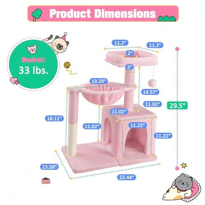 Allewie 29.5in Indoor Cat Tree, Multi-Level Cat Tower with Sisal Scratching Posts, Padded Perch, Basket, Condo, and Hanging Ball, Suitable for Kittens and Adult Felines, Pink - color: Pink