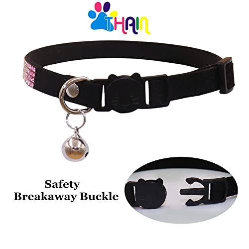 THAIN Bling cat Kitten Collar Rainbow Rhinestone Breakaway Diamond with Bell Soft Velvet Quick Release (Black) - color: Black