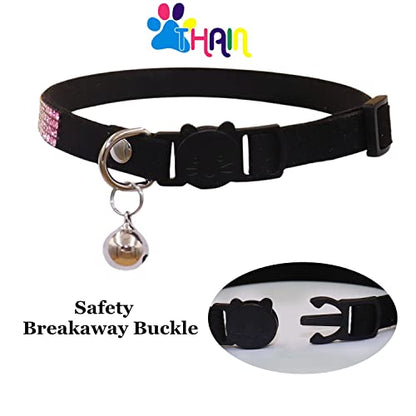 THAIN Bling cat Kitten Collar Rainbow Rhinestone Breakaway Diamond with Bell Soft Velvet Quick Release (Black) - color: Black