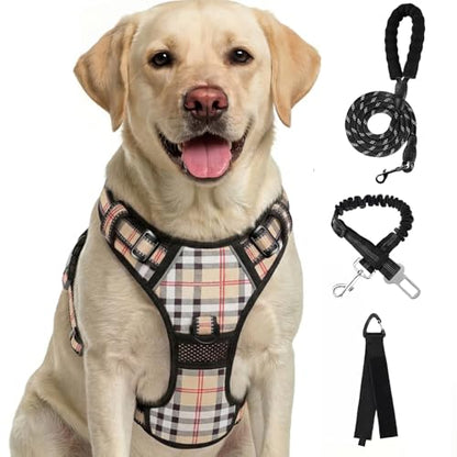Plaid Dog Harness for Large Dogs, Reflective No Pull Adjustable Pet Vest with Front Clip, Leash, Easy Control Handle and Seat Belt, Beige&White, L - color: Beige & White, size: Large
