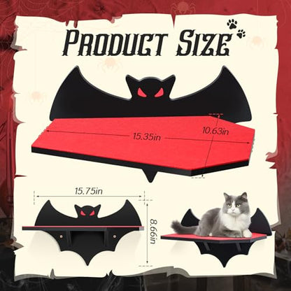 Gemscream Cat Shelves for Wall, Halloween Bat Floating Gothic Bed with Coffin Scratching Board Cat Wall Tree Can Load Bearing up to 30 Lbs/ 14 kg