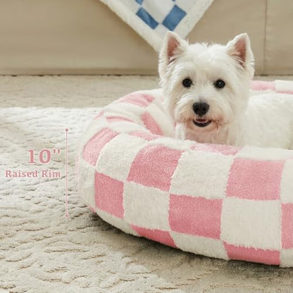 Ohocut Checkered Dog Bed, Cute Girly Pink Retro Style Aesthetic Round Warming Pet Calming Beds for Small Dog and Cats, Plush Cozy Donut Dog Beds Washable, 30" L x 30" W x 8" Th - color: Pink, size: 30"L x 30"W x 8"Th