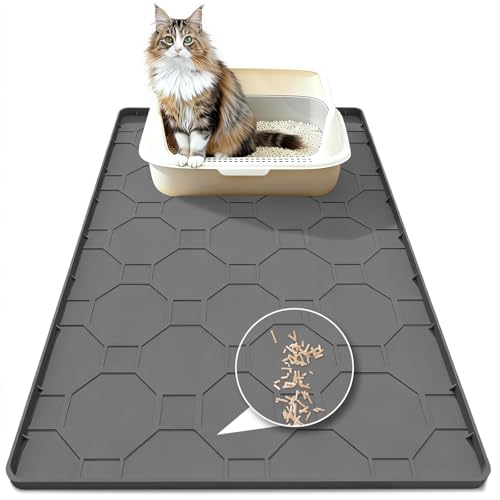 Silicone Cat Litter Mat, 34“ x 22” Waterproof Cat Litter Mats for Floors, Raised Edges Prevent Leaks and Make Cleaning Easy (Gray) - color: Grey, size: 34" X 22"
