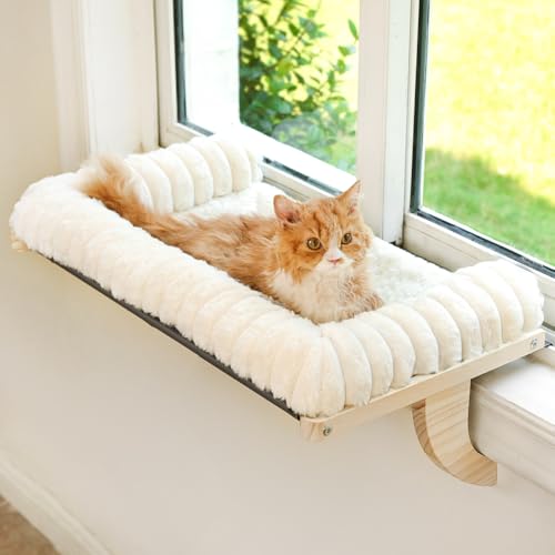 Cloud-Soft Cat Window Sill Perch with Zipper Designed Cushioned Bed, Supportive Cat Window Seat with Premium Solid Wood & Sturdy Metal Frame, Pet Hammock Bed for Large Cats (Large, White) - color: White, size: Large(24.4''x15'')