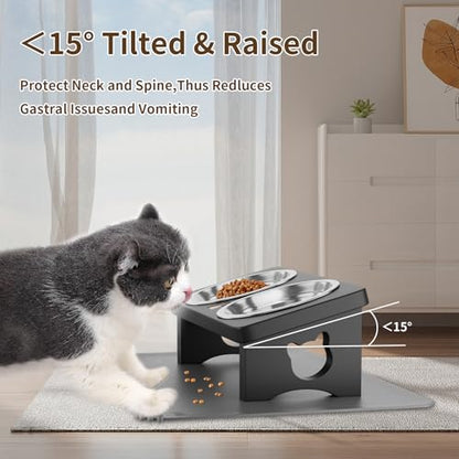 Elevated Cat Bowls with Silicone Mat, 15° Tilted Solid Wood Stand, Raised Stainless Steel Food & Water Dishes for Cats and Small Dogs, Anti-Vomiting Design(Black) - color: Black