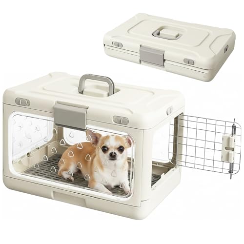 Hard Cat Carrier,Dog Crate for Small Dogs,Cat Kennel Clear,Foldable Dog Kennel with Urine Pad Mesh Grid,Ventilation & Hard Plastic Protection Transparent Pet Carrier 20" L,White - color: White