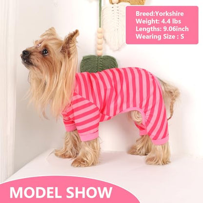 Dog Pajamas Pjs Stretchable Strip Dog Jumpsuit 4 Legs Pjs for Summer Dog Clothes Puppy Onesies Doggie Outfit (Pink, Small (Chest 13in)) - color: Pink, size: Small (Chest 13in )