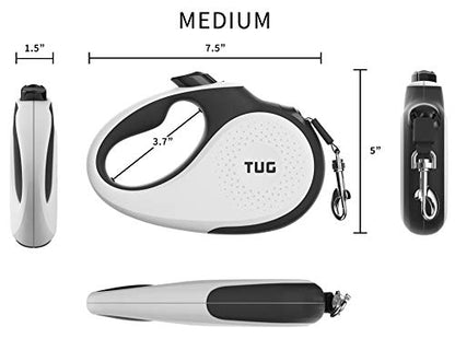 TUG 360° Tangle-Free Retractable Dog Leash | 16 ft Strong Nylon Tape | One-Handed Brake, Pause, Lock (Medium, White) - color: White, size: Medium