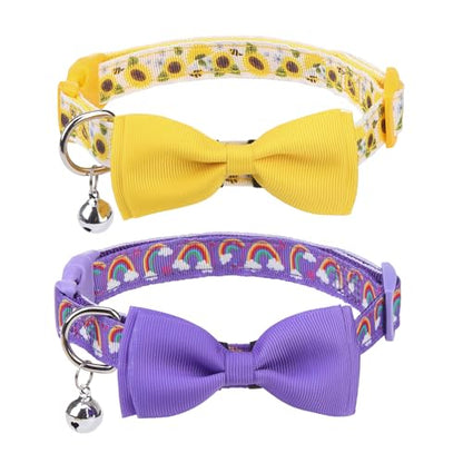 PUPTECK Bowtie Dog Collar with Bell 2 Packs, Adjustable Breakaway Puppy Collar, Sweet Gift for Small Dogs Pets, 11.8-15.7 in - color: Purple&Yellow, size: 11.8-15.7 in
