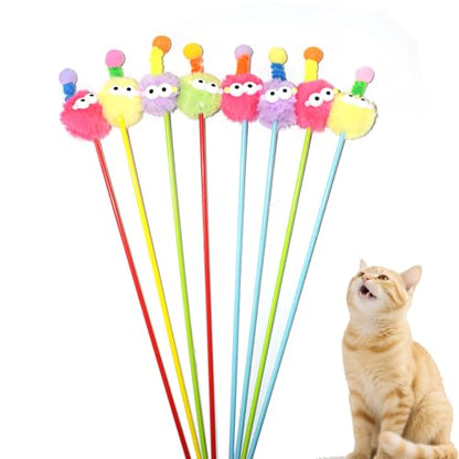 IUHKBH Cat Wands, 3 PCS Fluffy Ball Teaser Wands Interactive Kitten Toys Adorable Cat Toys No Noise Kitty Wand for Energetic Kittens