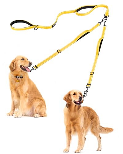 Double Dog Leash, No Tangle Dual Leash, Reflective Walking Training Lead, 4 Comfortable Padded Handles for 2 Dogs with Collapsible Bowl and Waste Bags (Yellow, Large) - color: Yellow