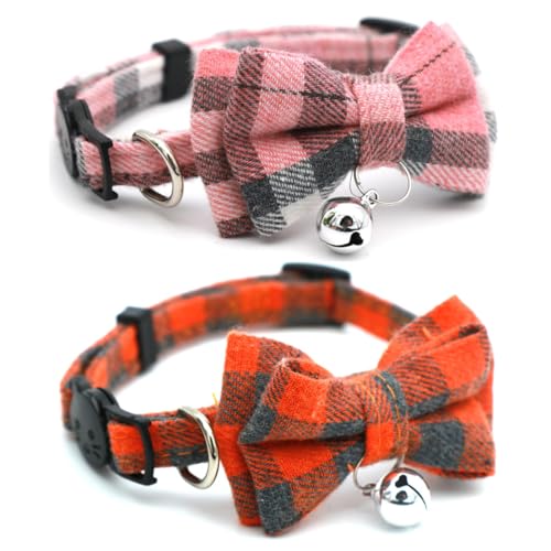 2-Pack Plaid Cat Collar with Bell and Bow, Breakaway Kitten Collar with Bell, Bowtie Puppy Collars for XXS Xs Small Little Pet Tiny Dogs, Pink+Orange - color: Pink+Orange