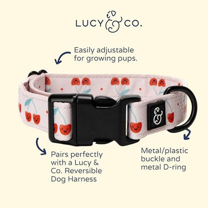 Lucy & Co. Cheery Cherries Dog Collar - Durable Lightweight Designer Collar for Pets - Adjustable Metal Safety Buckel - Red Gingham Cherries - Small - color: Cheery Cherries Dog Collar, size: Small