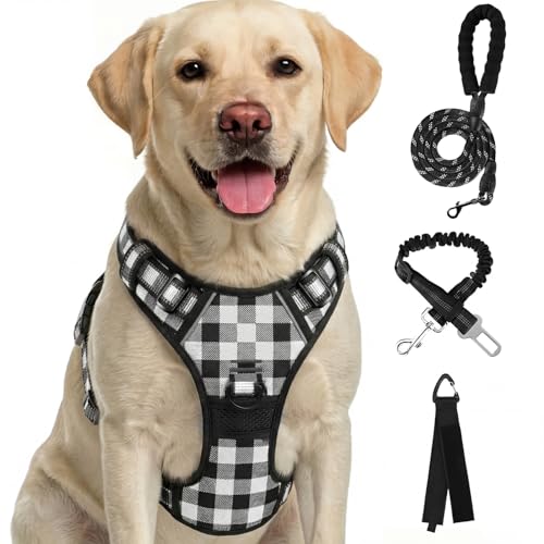 Plaid Dog Harness for Large Dogs, Reflective No Pull Adjustable Pet Vest with Front Clip, Leash, Easy Control Handle and Seat Belt, Beige&White, XL - color: Black & White, size: X-Large